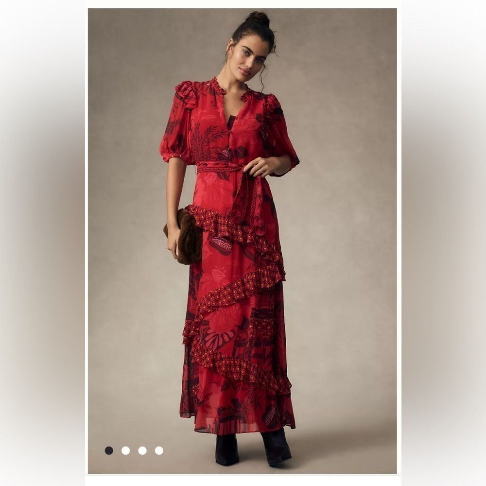 Large Farm Rio Short-Sleeve Printed Ruffled Midi Dress by Anthropologie